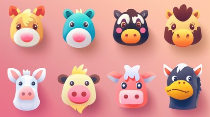 Sticker - Colorful Animal Faces in Cartoon Style.