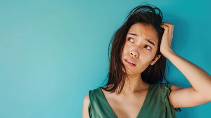 Wall Mural - Portrait of a confident Asian woman in a green top against a blue background.