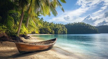 Wall Mural - A wooden boat on the shore of an island in the obscured mewa jungle, beside palm trees and beautiful greenery