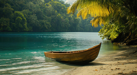 Sticker - A wooden boat on the shore of an island in the obscured mewa jungle, beside palm trees and beautiful greenery