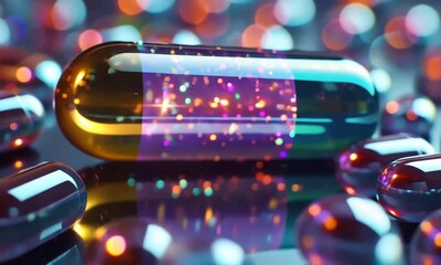 Poster - Exploring the mesmerizing world of vibrant capsules and their sparkling contents in an artistic display of colors and light. Generative AI
