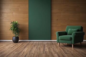 Green Armchair and Plant in a Room with Wood Paneling and a Green Wall