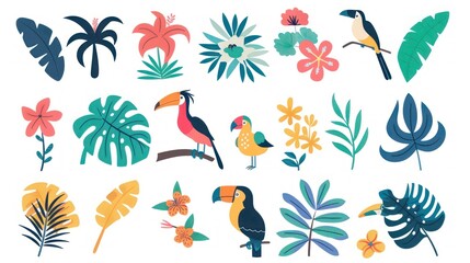 Naklejka na meble Colorful Tropical Birds and Flowers.