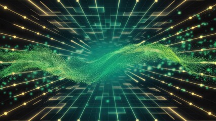 Poster -  Abstract background with digital green particle dots creating a wave effect, featuring a retro grid technology design and dynamic light effects.