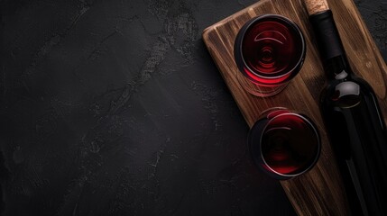 Red wine glass and elegant bottle on wooden board Advertisement concept Mock up on black background Top view with text space