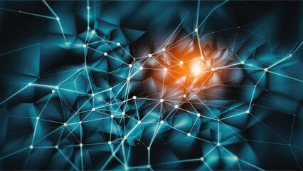 Poster -  Abstract connection background featuring interconnected lines and dots that form a futuristic geometric layout, creating a dynamic mosaic with a luminous polygonal texture