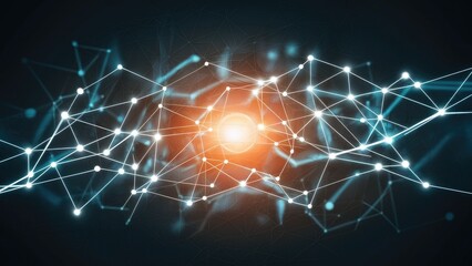 Poster -  Abstract connection background featuring interconnected lines and dots that form a futuristic geometric layout, creating a dynamic mosaic with a luminous polygonal texture
