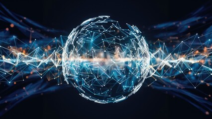 Poster - Abstract data technology background featuring interconnected dots and lines on a dark backdrop. 3D rendering.