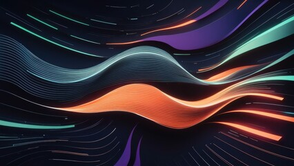 Abstract data visualization with geometric waving lines in dark blue, orange, and green gradients. Futuristic design featuring purple, navy blue, and red color transitions.