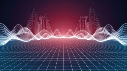 Poster -  Abstract digital image featuring dynamic sound waves over a grid pattern. Visual representation of movement and rhythm.