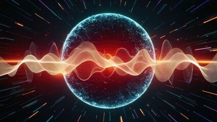 Poster - Abstract digital wave circle with fiery visuals on dark background. Data visualization concept. Sphere featuring an explosion of luminous particles. 3D rendering.