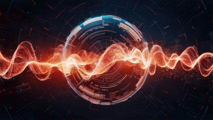 Poster - Abstract digital wave circle with fiery visuals on dark background. Data visualization concept. Sphere featuring an explosion of luminous particles. 3D rendering.