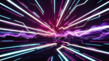 Poster - Abstract dynamic lines with glowing neon colors. Futuristic motion technology featuring LED glare. High-speed light trails and purple swirling waves create a vibrant background.