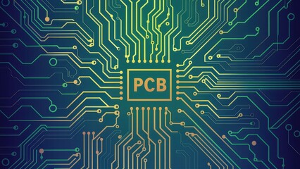 Poster -  Abstract electric background featuring a printed circuit board (PCB) pattern with conductors and contact pads, showcasing engineering design elements.
