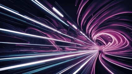 Poster - Abstract dynamic lines with glowing neon colors. Futuristic motion technology featuring LED glare. High-speed light trails and purple swirling waves create a vibrant background.