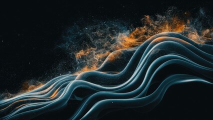 Poster - Abstract flowing black digital technology background with dynamic particles and grunge dust effects.