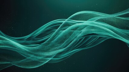 Abstract flowing particles wave in shades of green and blue, digital background design