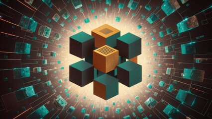 Poster - Abstract futuristic concept of blockchain cubes and cryptocurrency mining, featuring themes of artificial intelligence and the metaverse. 3D rendered illustration.