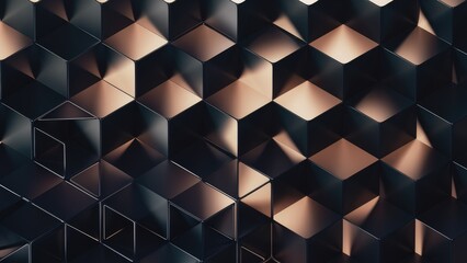 Poster - Abstract geometric background featuring semi-transparent cubes in a repeating pattern. 3D rendering with dark color tones.