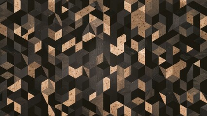 Abstract geometric cubes and hexagon mosaic wallpaper with a vintage design featuring black and gray block structures and triangular textures.