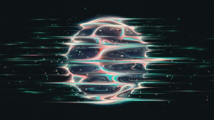 Poster - Abstract glitch art on a dark background featuring holographic pixelated flickers. Illustrates the concept of digital distortion and program anomalies.