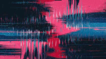 Poster -  Abstract glitch texture showcasing digital distortion with a vibrant palette of pink, blue, red, and black. Features glowing frequency noise and electronic artifact elements