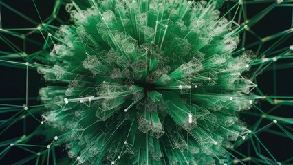 Poster - Abstract green sphere featuring interconnected dots and lines. Network visualization concept. Wireframe technology representation. Big data illustration. 3D rendering.