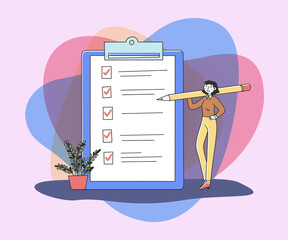 Wall Mural - Woman ticking off tasks on checklist flat vector illustration. Businesswoman holding pencil and making notes and marks on paper document form in clipboard. Business, office and achievement concept