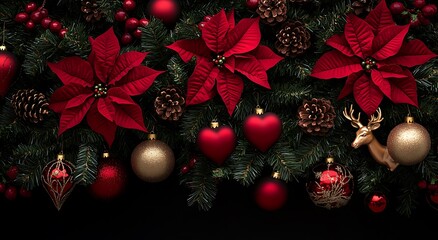 Wall Mural -  A Christmas tree adorned with red and gold ornaments, poinsettia flowers, hearts, pine cones, and deer heads hanging on the Christmas garland