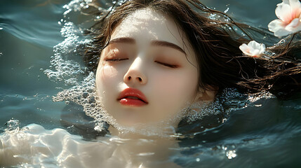 Poster - A woman with her eyes closed submerged in water with bubbles and flowers.