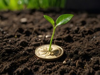 a small plant growing on a coin lying on the ground. Green investment concept, Collecting money to invest. Financial growth concept