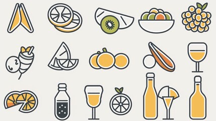 Canvas Print - Colorful Line Icons of Citrus Fruits and Cocktails.