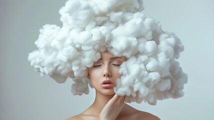 Surreal Portrait of Woman with Cloud-Like Headpiece on Neutral Background