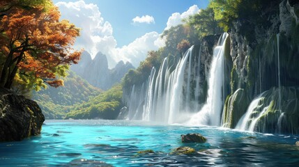 Poster - Majestic Waterfall in a Lush Forest