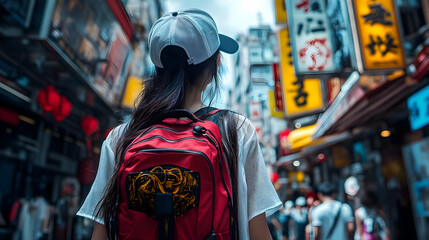 Poster - A young woman with a red backpack walks through a busy city street, looking towards the bright signs.