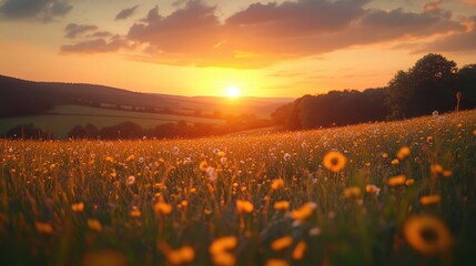 Wall Mural - Sunset Over Rolling Hills With Wildflowers