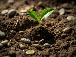 a small plant growing on a coin lying on the ground. Green investment concept, Collecting money to invest. Financial growth concept