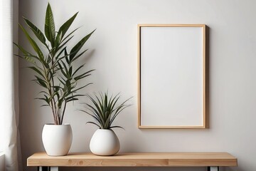 Two potted plants on a wooden shelf with an empty frame on the wall