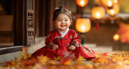 Canvas Print - Portrait of a happy, cute little Korean baby girl wearing a red hanbok (traditional Korean dress) in a traditional house