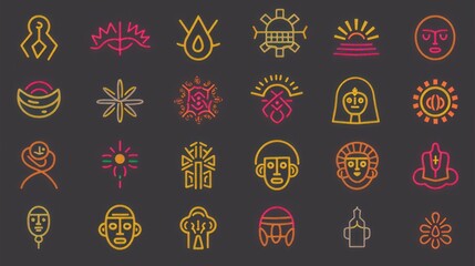 Collection of neon  hand-drawn tribal  symbols.