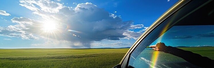 A person is cleaning the glass with a window wiper on a bright sunny day