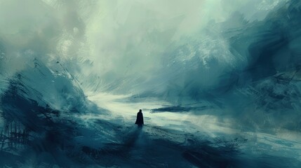 Wall Mural - A single figure walks through a misty, abstract landscape.