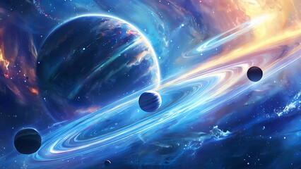 Wall Mural - an artistic rendition of a celestial scene portraying multiple vibrant planets with glowing rings ag