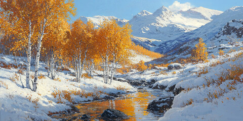 Wall Mural - a snowy mountain landscape with white birch trees in autumn orange and yellow, generative ai