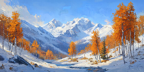 Wall Mural - a snowy mountain landscape with white birch trees in autumn orange and yellow, generative ai