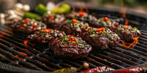 Wall Mural - Grilled Marinated Beef with Spicy Paste and Peppers Over Charcoal