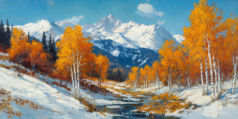 Wall Mural - a snowy mountain landscape with white birch trees in autumn orange and yellow, generative ai