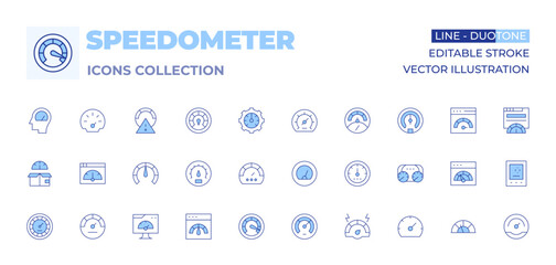 speedometer icons collection. line duotone style, editable stroke. speedometer, speed limit, boost, 