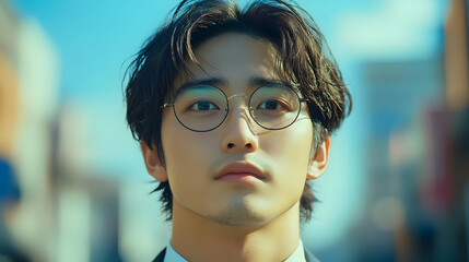 Wall Mural - Close up portrait of a young man wearing round glasses, looking directly at the camera.