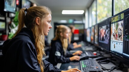 Canvas Print - Young woman editing video.